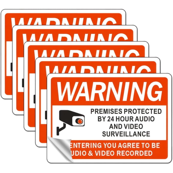 Warning 24 Hour Audio & Video Surveillance Stickers - 10x7 Inch, 5 Pack - Premises Protected Sign, Waterproof UV-Resistant Security Decals for Home, Business, Storefronts, and Commercial Properties