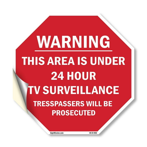 Warning This Area Is Under 24 Hour TV Surveillance Trespassers Will Be Prosecuted 10 inch X 10 inch Octagon Vinyl Label Decal Sticker Weather Resistant, UV Protected for Workplace, Made