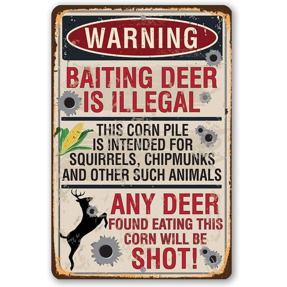 Warning Baiting Deer is Illegal - Running Deer Bullet Holes, Street Road Vintage Warning Sign, Hunting and Cabin Decor, Great Camper and Hunters Gift, 8x12 Use Indoors or Outdoors Durable Metal Sign