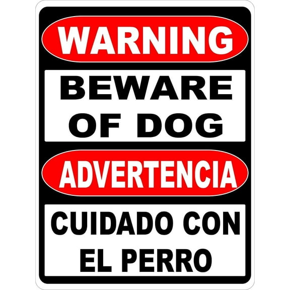 Warning Bilingual Beware of Dog Sign. English & Spanish Safety Signs. 8" X 12" inch Metal.
