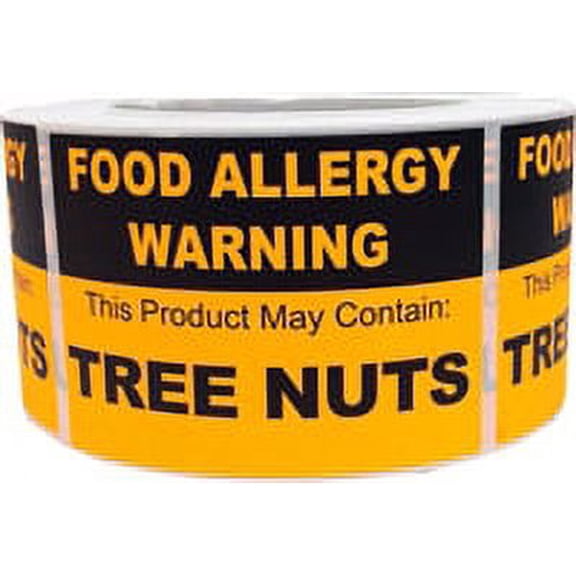 Warning Contains Tree Nuts Food Allergy Stickers, 2.5 x 3.5 Inches Wide, 500 Labels on a Roll
