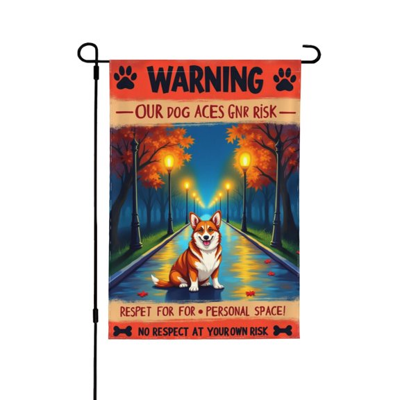 Warning Corgi Garden Flag 12x18 Inch Double Sided Cute Dog & Autumn Landscape Outdoor Yard Decoration For Porch, Lawn & Patio Respect Personal Space