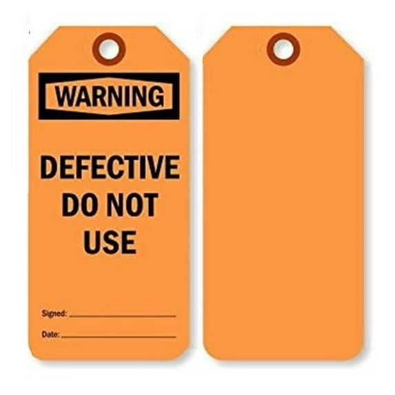 Warning Defective Do Not Use Tag with Fiber, Fluorescent Cardstock Tag, 100 Tags/Box, 3" x 6.25"