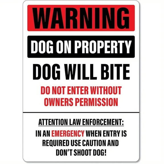 "Warning Dog on Property Dog Will Bite" Metal Sign, 8x12 Inch Aluminum Guard Dog Warning Wall Decor Plaque for Gate, Fence, Yard, Home Security