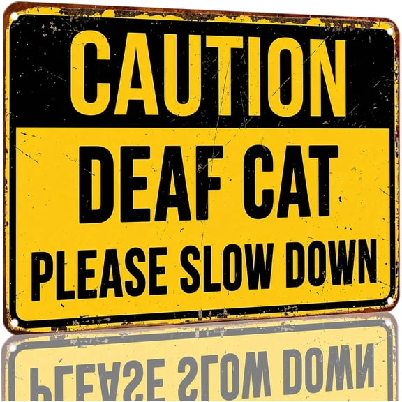 Warning Driveway Metal Decorative Sign 12x8 Inch - Caution Deaf Cat Please Slow Down Retro Aluminum Sign for Yard