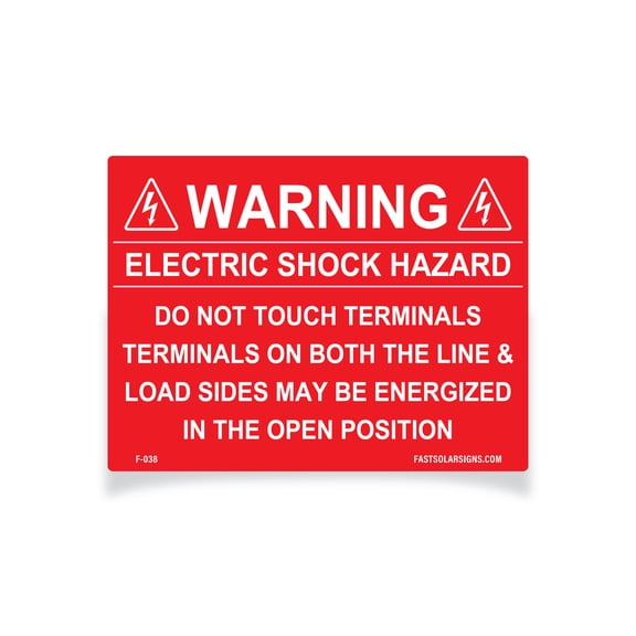 Warning: Electric Shock Hazard Do not touch terminals, terminals on both the line and load sides may be energized in the open position | Set of 8 | F-038