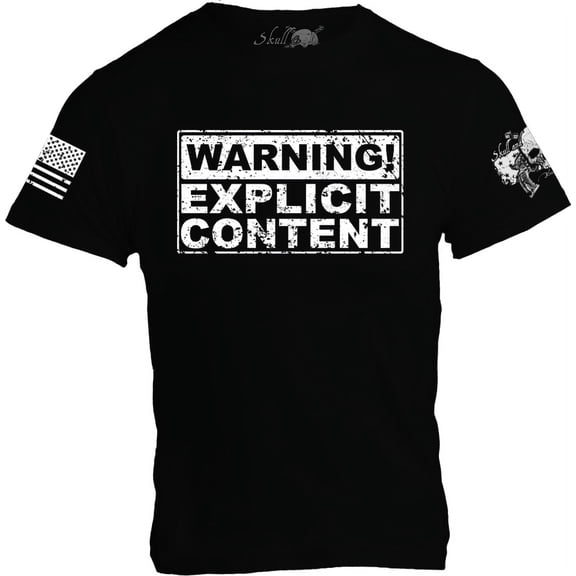 Warning! Explicit Content on Short Sleeve Crew-Neck T-Shirt, Solid Color with Logo & Signature US Flag Emblem 3X-Large Black