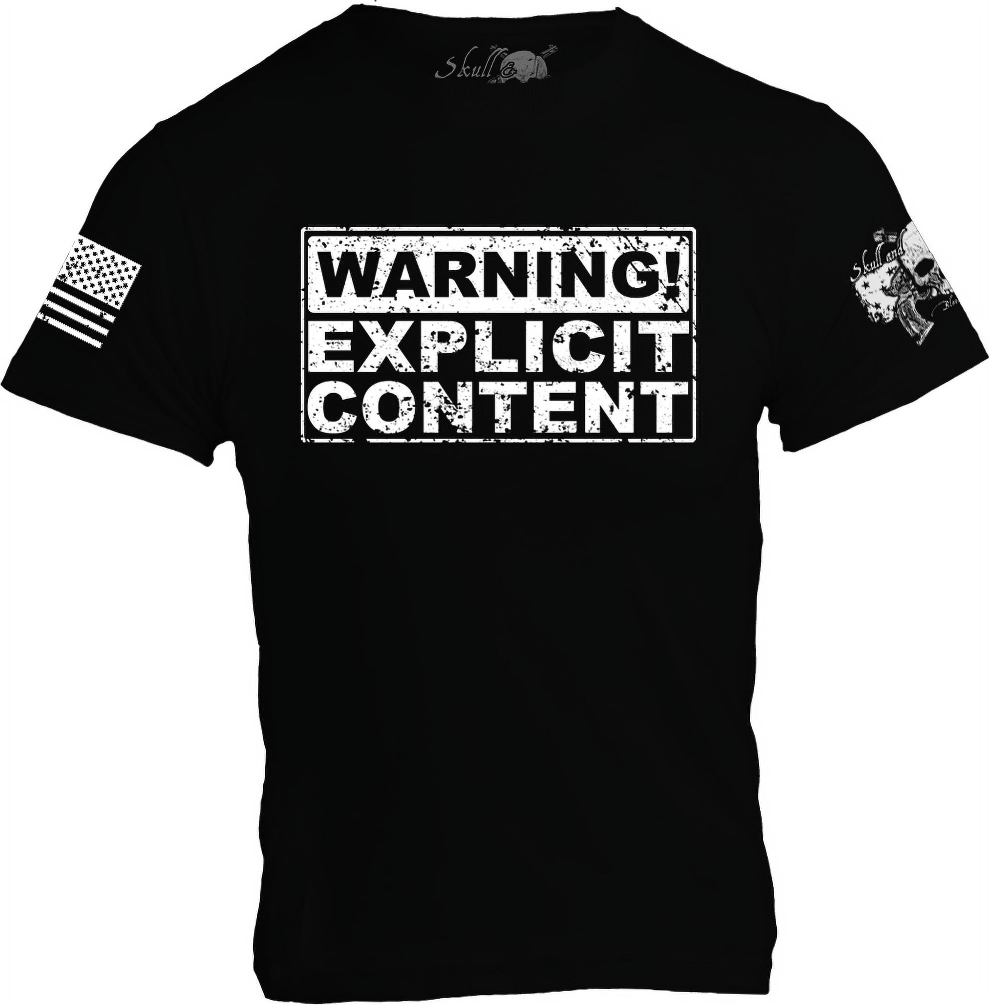 "Warning! Explicit Content" Men's T-Shirt – Skull & Crossguns Logo, US Flag, 100% Cotton