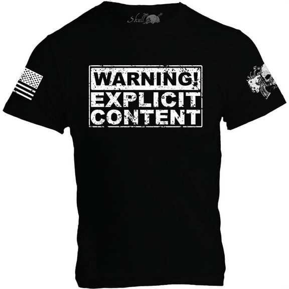 Warning! Explicit Content on Short Sleeve Crew-Neck T-Shirt, Solid Color with Logo & Signature US Flag Emblem Small Black