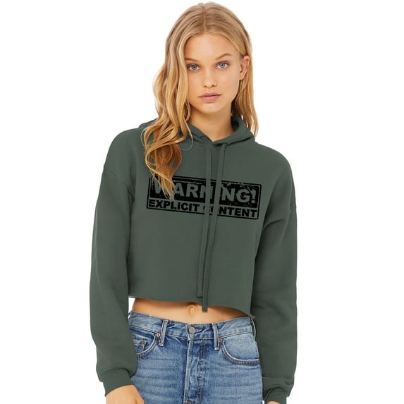 Warning! Explicit Content on Womens Long Sleeve Crop Top Hoodie, Solid Color with Logo & Signature US Flag Emblem Green Medium