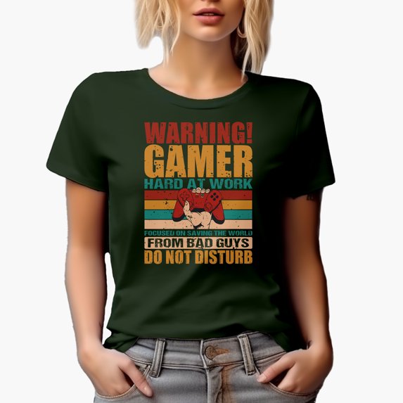 Warning, Gamer, Hard at Work, Focused on Saving the World from Bad Guys, Do Not Disturb, Military Green T-Shirt, 3XL