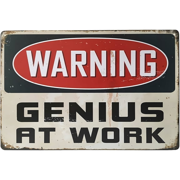 Warning Genius at Work Funny Metal Tin Sign - 12×8 Inches, Retro Vintage, Home Bar Office Man Cave Dorm Room Bathroom Shop Mural Decor