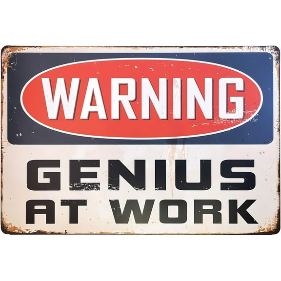 Warning Genius at Work Retro Metal Tin Sign - 12×8 Inches, Dorm Room Vintage Decor, Home Bar Office Man Cave Decor
