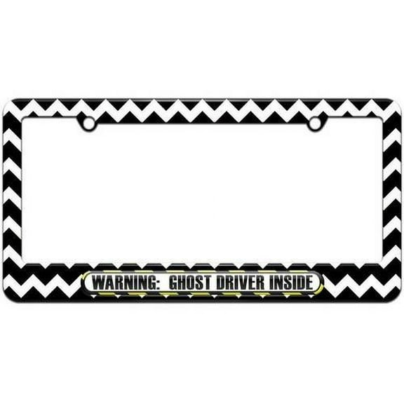 Warning Ghost Driver Inside, Funny License Plate Tag Frame, Black Chevrons Design