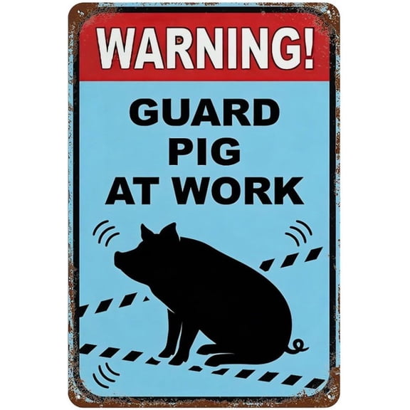 Warning Guard Pig at Work Metal Tin Sign, Funny Silhouette Illustration, Blue Alert Design Wall Decor Plaque, 8 x 12 Inch