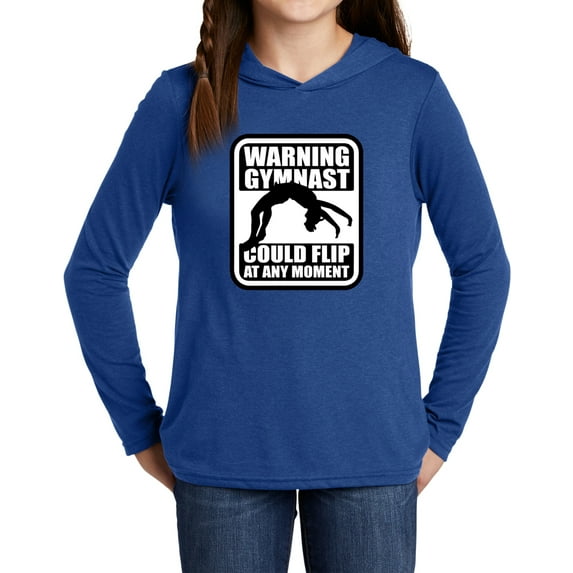 Warning Gymnast Kids Long Sleeve Hoodie, X-Small Royal