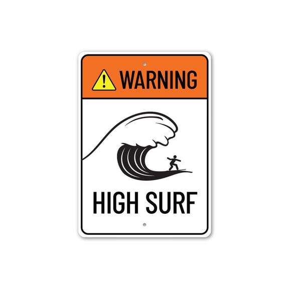 Warning High Surf, Beach Warning Sign, Coastal Caution Sign, Safety Warning Aluminum Metal Decor Sign - 4x18 inches
