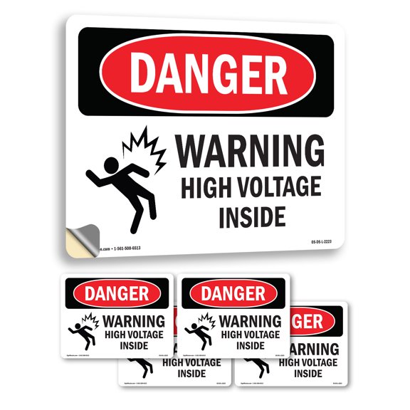 Warning High Voltage Inside OSHA Danger Vinyl Decal Label 18 Inch x 12 Inch - 5 Pack