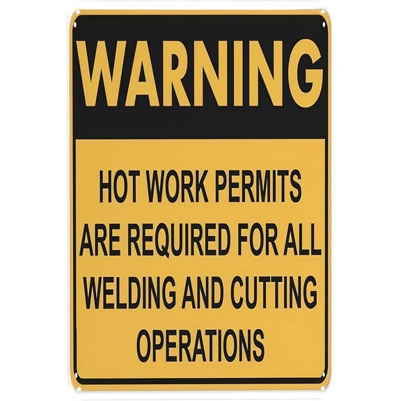 Warning Hot Works Permits Required Sign - 8"x12" Vintage Metal Warning Sign, Industrial Safety Decor for Home Farm Bar Coffee Shop Club Factory