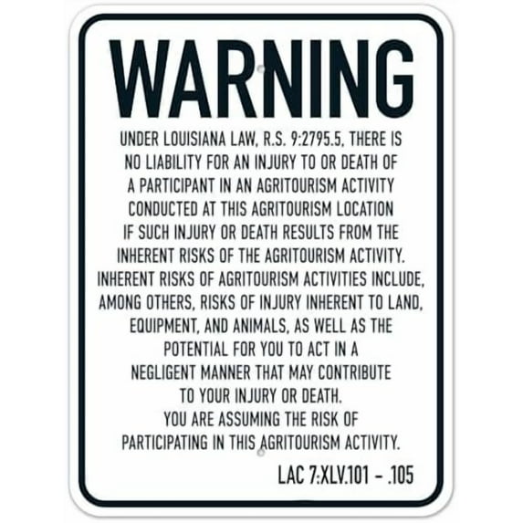 Warning Under Louisiana Law There Is No Liability For An Injury Or Death Of A Participant In An Agritourism Sign, Facility Signs Metal Safety Sign NO.20266 Metal Tin Sign 8x12 Inch