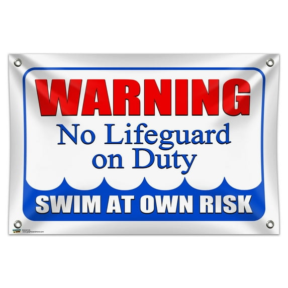 Warning No Lifeguard on Duty Swim at Own Risk 33" (84cm) x 22" (56cm) Mini Vinyl Flag Banner Wall Sign