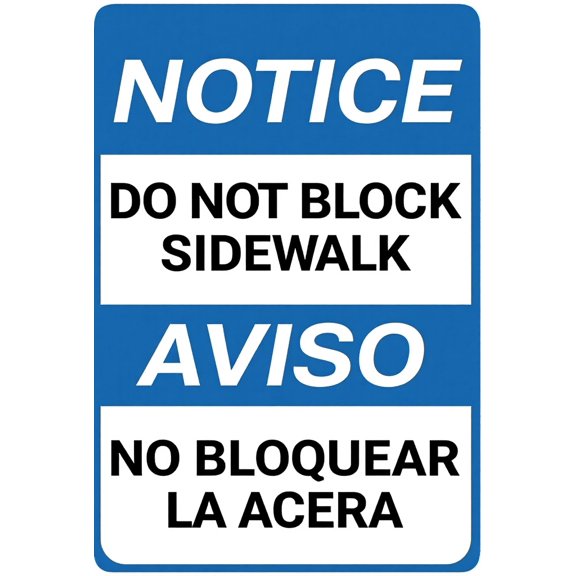 Warning Notice Do Not Block Sidewalk Bilingual Sign 8"x12" - Aluminum Tin Safety Decor for Home Business Street Sidewalk