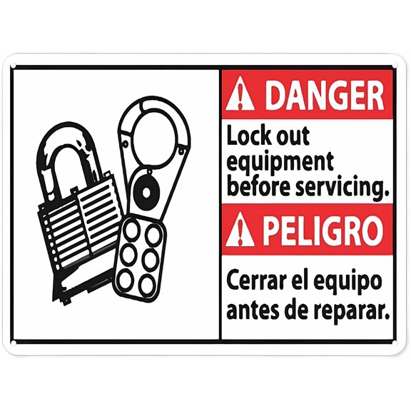 Warning Notice Traffic Sign Danger PELIGRO - Lock Out Equipment Before Servicing - 12×8 Inches, Aluminum Safety Tin Road, Workplace Safety Decor