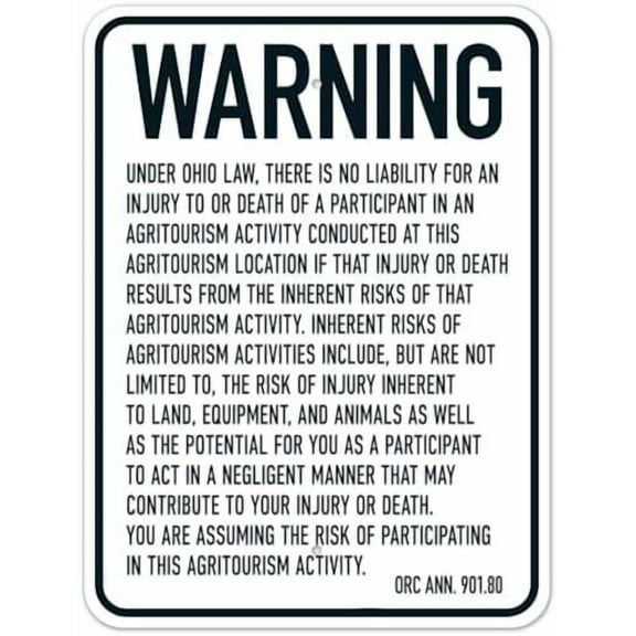 Warning Under Ohio Law There Is No Liability For An Injury Or Death Of A Participant In An Agritourism Sign Metal Tin Sign 8x12 Inch Clear Warning for Home & Busines