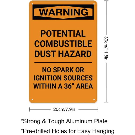 Warning Potential Combustible Dust - No Spark Or Ignition Sources Within 36 Area Aluminum Metal Tin Sign 8"x12" - Safety Restriction Alert Warning Plate, Combustible Dust Sign