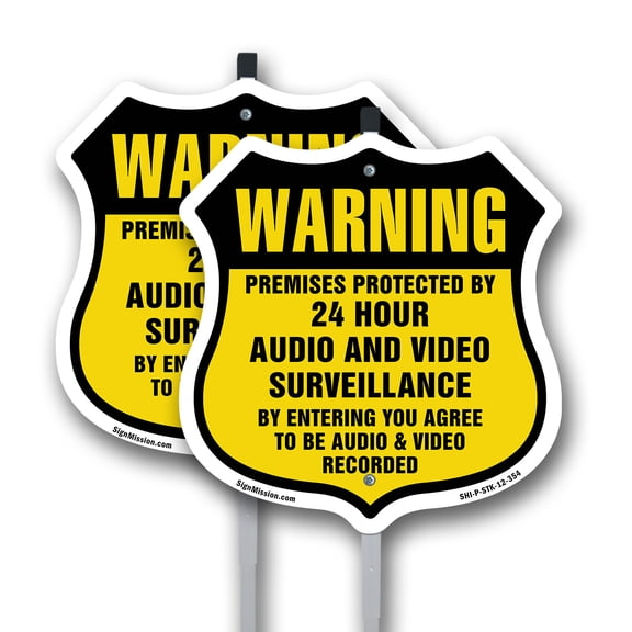 Warning Premises Protected By 24 Hour Audio And Video Surveillance By Entering You Agree To Be Recorded (2 Pack) 12 inch X 12 inch Shield Shaped Aluminum Metal Signs with Aluminum