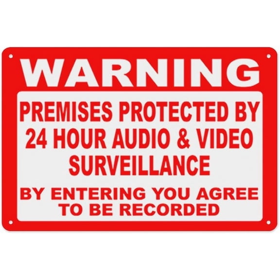 Warning Premises Protected 24 Hr Audio Video Surveillance Sign 8"x12" Aluminum Tin Warning, For Home Outdoor Garden, 24H Audio Video Surveillance Marker