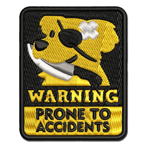 Warning Prone to Accidents Dog Applique Multi-Color Embroidered Iron-On Patch - 2.0 Inch Mini