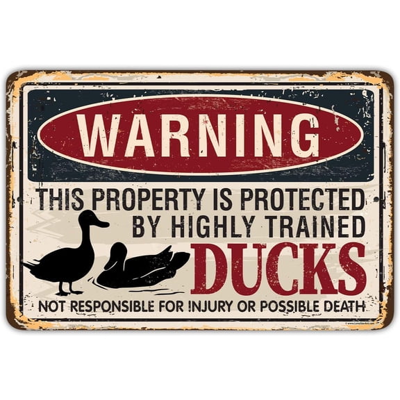 Warning Property Ducks Rustic Farmhouse Metal Sign, Funny Lake House Wall Decor, Vintage Tin Style, 8 x 12 Inch, Indoor or Outdoor