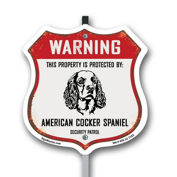 Warning This Property is Protected by American Cocker Spaniel 12 inch X 12 inch Shield Shaped Rust-Free Aluminum Metal Sign with Aluminum Mounting Stake Weather Resistant Made in the
