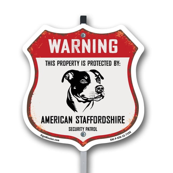 Warning This Property is Protected by American Staffordshire 12 inch X 12 inch Shield Shaped Rust-Free Aluminum Metal Sign with Aluminum Mounting Stake Weather Resistant Made in the USA