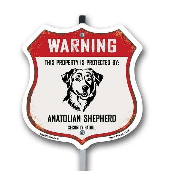 Warning This Property is Protected by Anatolian Shepherd 12 inch X 12 inch Shield Shaped Rust-Free Aluminum Metal Sign with Aluminum Mounting Stake Weather Resistant Made in the USA