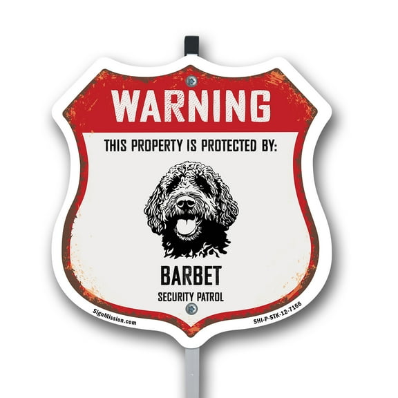 Warning This Property is Protected by Barbet 12 inch X 12 inch Shield Shaped Commercial Grade Plastic Sign with Aluminum Mounting Stake Weather Resistant Made in the USA