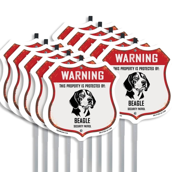 Warning This Property is Protected by Beagle (10 Pack) 12 inch X 12 inch Shield Shaped Rust-Free Aluminum Metal Signs with Aluminum Mounting Stakes Weather Resistant Made in the USA