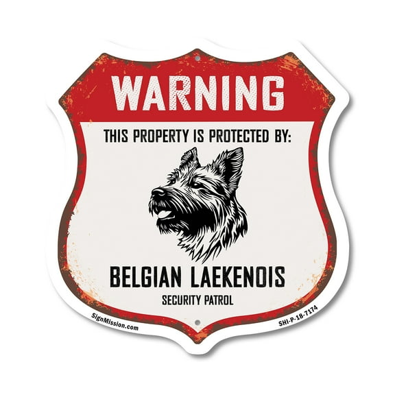 Warning This Property is Protected by Belgian Laekenois 12 inch X 12 inch Shield-Shaped Rust-Free Aluminum Metal Sign Weather Resistant Made in the USA
