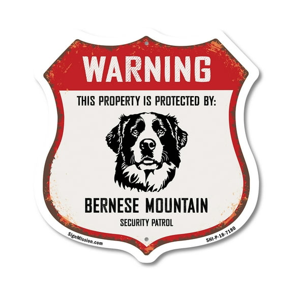 Warning This Property is Protected by Bernese Mountain 12 inch X 12 inch Shield Shaped Commercial Grade Plastic Sign Weather Resistant Made in the USA
