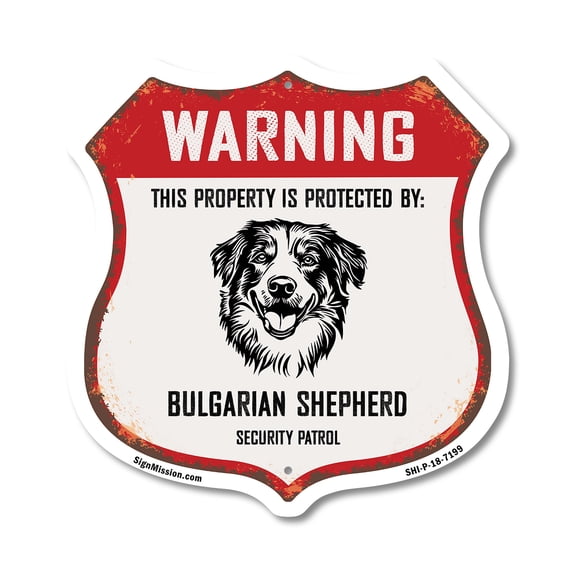 Warning This Property is Protected by Bulgarian Shepherd 12 inch X 12 inch Shield-Shaped Rust-Free Aluminum Metal Sign Weather Resistant Made in the USA