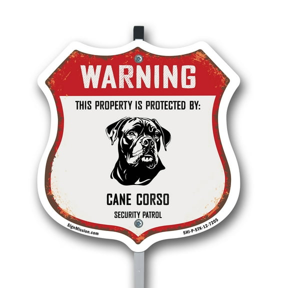 Warning This Property is Protected by Cane Corso 12 inch X 12 inch Shield Shaped Rust-Free Aluminum Metal Sign with Aluminum Mounting Stake Weather Resistant Made in the USA