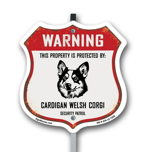Warning This Property is Protected by Cardigan Welsh Corgi 12 inch X 12 inch Shield Shaped Rust-Free Aluminum Metal Sign with Aluminum Mounting Stake Weather Resistant Made in the USA