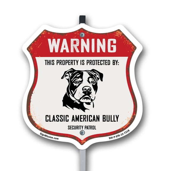 Warning This Property is Protected by Classic American Bully 12 inch X 12 inch Shield Shaped Rust-Free Aluminum Metal Sign with Aluminum Mounting Stake Weather Resistant Made in the USA