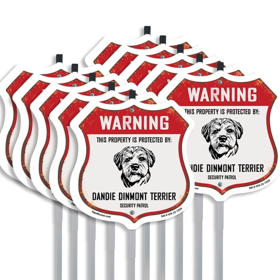 Warning This Property is Protected by Dandie Dinmont Terrier (10 Pack) 12 inch X 12 inch Shield Shaped Rust-Free Aluminum Metal Signs with Aluminum Mounting Stakes Weather Resistant