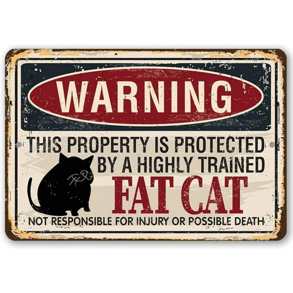 Warning Property Protected By A Fat Cat Metal Tin Sign Aluminum Warning Signs Indoor & Outdoor Road Street Sign For Yard Lawn Farmhouse Wall Decor 8X12 Inch