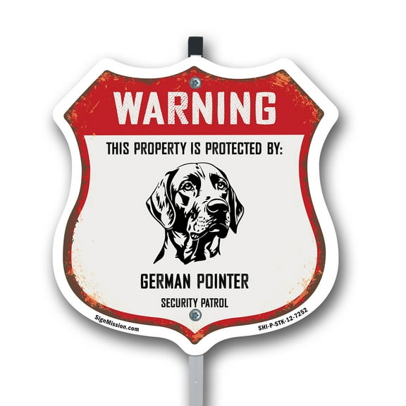 Warning This Property is Protected by German Pointer 12 inch X 12 inch Shield Shaped Commercial Grade Plastic Sign with Aluminum Mounting Stake Weather Resistant Made in the USA