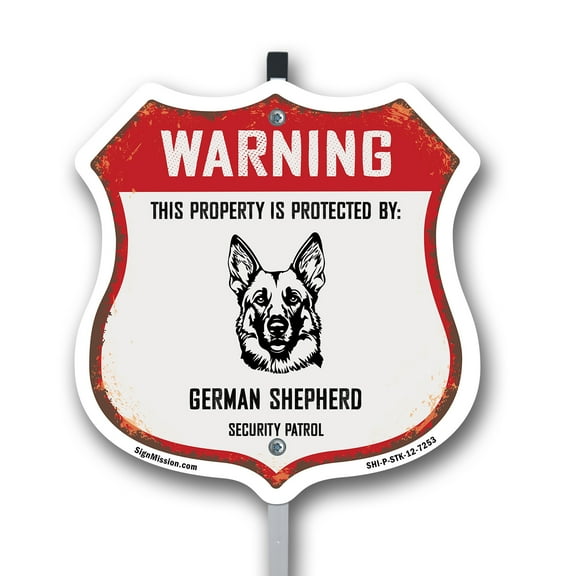 Warning This Property is Protected by German Shepherd 12 inch X 12 inch Shield Shaped Rust-Free Aluminum Metal Sign with Aluminum Mounting Stake Weather Resistant Made in the USA