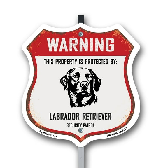 Warning This Property is Protected by Labrador Retriever 12 inch X 12 inch Shield Shaped Rust-Free Aluminum Metal Sign with Aluminum Mounting Stake Weather Resistant Made in the USA