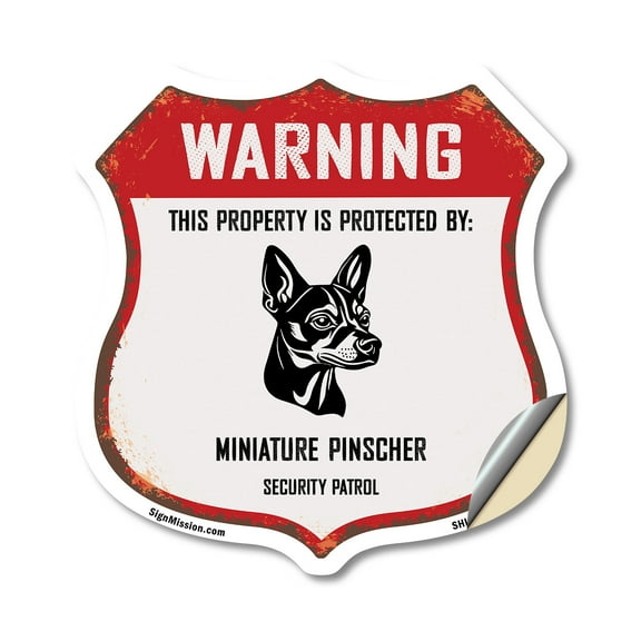 Warning This Property is Protected by Miniature Pinscher 12 inch X 12 inch Shield Shaped Heavy Duty 3.2 mil Vinyl Decal Weather Resistant Made in the USA